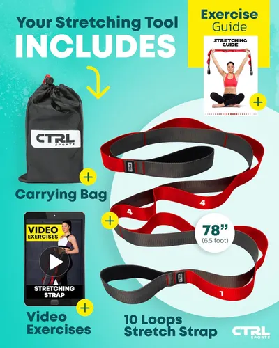 Shows everything included with the purchase—the stretching strap, carrying bag, printed exercise guide, and video exercises—to communicate the complete value of the bundle and help shoppers…