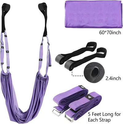 Shows the customer everything included in the purchase: the aerial yoga hammock, mounting straps, extension straps, and carrying bag, with dimensional specifications to help shoppers understand the…