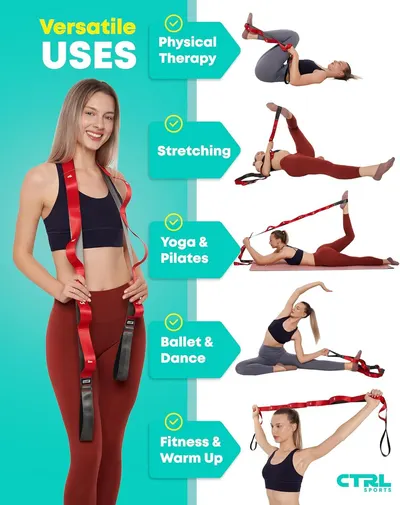 Demonstrates the versatility of the stretching strap by showing five distinct use cases across different fitness and therapy activities, reassuring shoppers that the product is suitable for multiple…