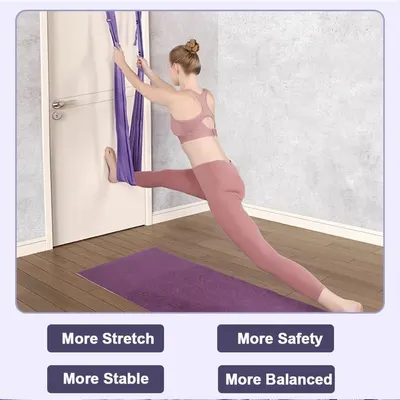 Communicates multiple distinct benefits of the aerial yoga swing product through a segmented layout with four separate benefit callouts, showing how the product enhances stretching, safety,…