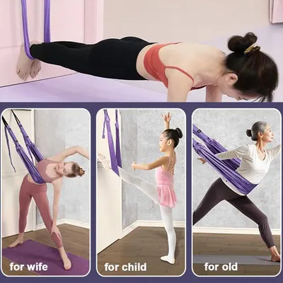 Demonstrates that the aerial yoga swing is suitable for multiple users across different age groups and fitness levels, showing versatility for wife, child, and elderly users.