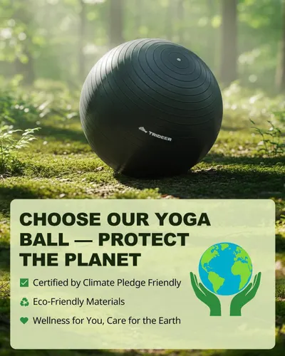 Communicates the environmental responsibility of the yoga ball, highlighting its eco-friendly materials and Climate Pledge Friendly certification to appeal to environmentally conscious shoppers.…