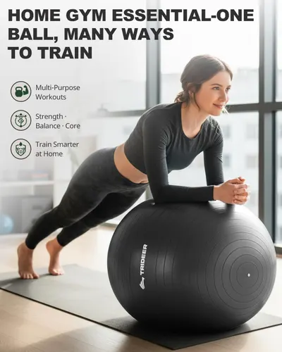 Demonstrates the versatility of the exercise ball by highlighting multiple workout applications including strength, balance, and core training to show shoppers the product's diverse training…
