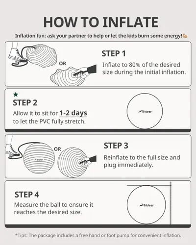 Provides clear step-by-step instructions on how to properly inflate the product (exercise ball) to ensure correct setup and optimal performance.