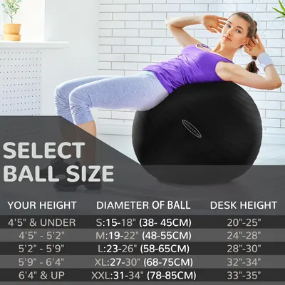 Helps shoppers choose the correct exercise ball size based on their height and desk height, ensuring proper fit and ergonomic use.