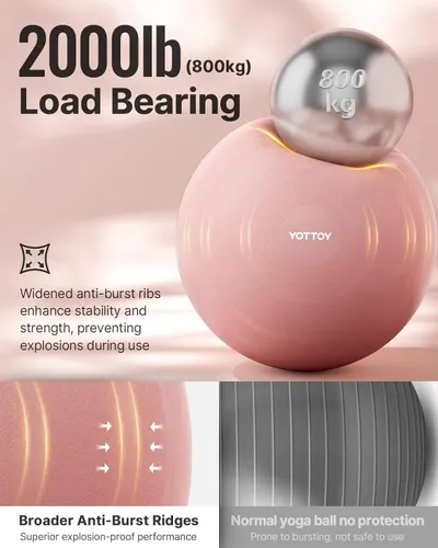 Communicates the exceptional weight capacity of the yoga ball to reassure shoppers that it is strong, durable, and safe for all users. Highlights the product's anti-burst construction and safety…