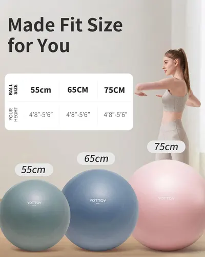 Helps shoppers choose the correct exercise ball size based on their height by showing three size options (55cm, 65cm, 75cm) with corresponding height ranges and visual comparison.