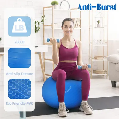 Communicates multiple key product benefits in a segmented layout to reassure shoppers about the exercise ball's durability, safety, and environmental responsibility.