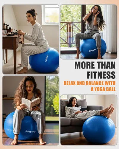 Demonstrates the yoga ball's versatility beyond fitness—showing it can be used as seating for work, relaxation, reading, and leisure activities throughout the home.