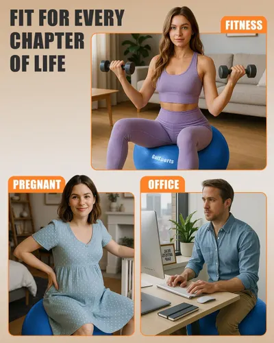 Demonstrates the product's versatility by showing it can be used across different life stages and environments—fitness workouts, pregnancy support, and office seating—to reassure shoppers it's a…