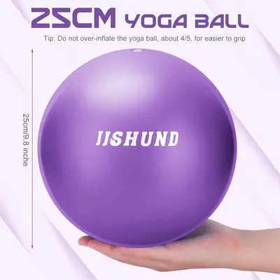 Communicates the exact physical size of the yoga ball (25cm/9.8 inches) using dimensional arrows and a hand for scale, helping shoppers understand if this size fits their needs. Provides a usage tip…