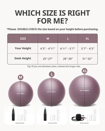 Helps shoppers choose the correct size from the brand's product lineup by showing three size options (M, L, XL) with corresponding height and desk height specifications, reducing purchase uncertainty.