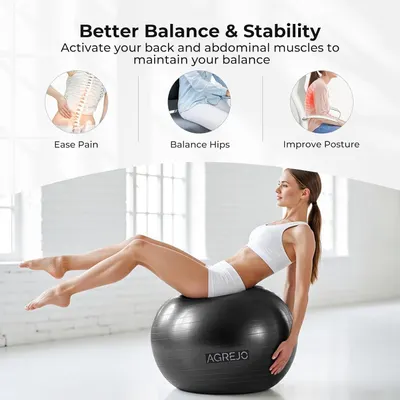 Communicates three distinct health benefits of using the exercise ball: pain relief, hip balance, and posture improvement, supported by visual icons and a lifestyle demonstration.