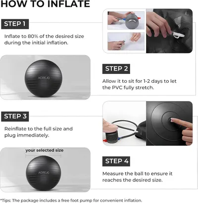 Provides step-by-step instructions on how to properly inflate the exercise ball to ensure correct setup and optimal performance.