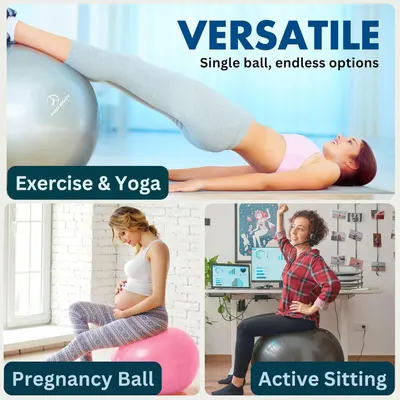Demonstrates the versatility of the exercise ball by showing three distinct use scenarios—fitness workouts, pregnancy exercise, and office ergonomics—to communicate that one product serves multiple…