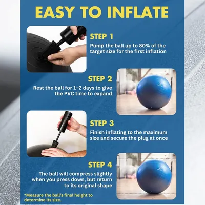 Provides step-by-step instructions on how to properly inflate the exercise ball, ensuring customers understand the correct setup process for optimal product performance and safety.