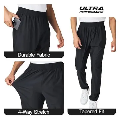 Showcases three distinct product benefits in a segmented layout to communicate the pants' durability, flexibility, and modern fit to shoppers.