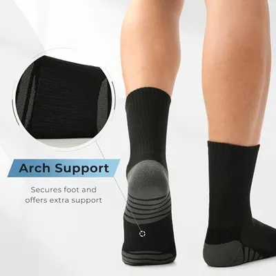 Highlights the arch support feature of the socks to reassure shoppers that the product provides extra foot support and stability. Communicates the primary benefit of arch support, emphasizing foot…
