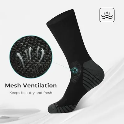 Highlights the mesh ventilation feature of the sock to communicate breathability and moisture management, reassuring shoppers that the product keeps feet dry and fresh. Communicates the primary…