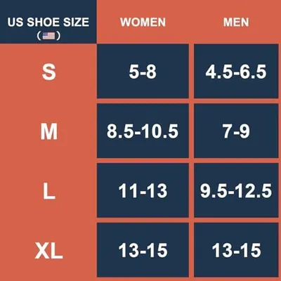 Provides a clear sizing chart to help shoppers select the correct shoe size by showing US size equivalents for women and men across S, M, L, and XL categories.