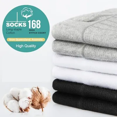 Communicates multiple quality attributes of the socks including material quality, stitch count, origin, and overall quality to reassure shoppers of premium construction and value.