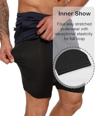 Highlights the inner underwear component of the shorts, emphasizing its four-way stretch and elasticity to reassure shoppers about comfort and full range of motion. Communicates the key benefit of…