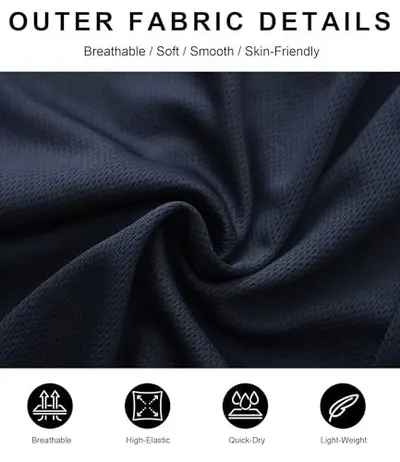 Communicates multiple fabric benefits through a close-up texture photo and icon-based feature callouts to reassure shoppers about material quality and comfort.