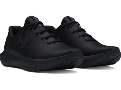 Provides a clean, catalog-style view of the black athletic shoes to show the product clearly without distractions.