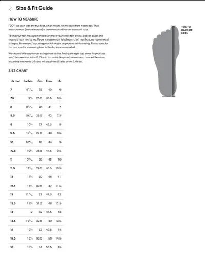 Provides detailed instructions on how to measure foot size and a comprehensive size conversion chart to help shoppers select the correct shoe size across different measurement systems.