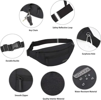 This image breaks down the fanny pack's physical components and construction features to help shoppers understand the product's build quality, functional elements, and material specifications.