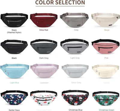 Displays the full range of color and pattern options available for this fanny pack, helping shoppers choose their preferred style and understand the brand's product variety.