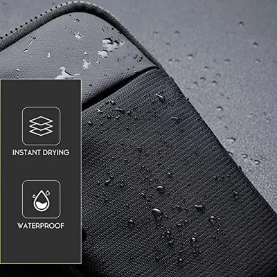 Communicates two distinct material benefits—instant drying and waterproof protection—to reassure shoppers the product can handle wet conditions effectively.