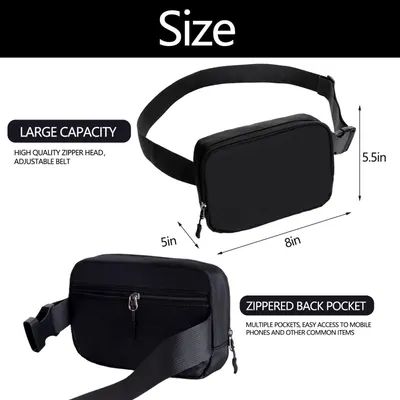 Communicates the exact physical dimensions of the fanny pack (8in x 5.5in x 5in) to help shoppers understand the size and capacity, while also highlighting the large capacity and quality features…