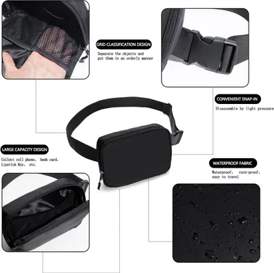 Showcases multiple distinct benefits of the fanny pack through a segmented layout, highlighting organization, ease of use, storage capacity, and weather resistance to demonstrate comprehensive…