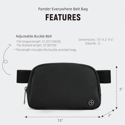 Communicates the exact physical dimensions (7.5" x 2" x 5") and volume (1L) of the belt bag, along with adjustable belt length specifications, to help shoppers understand the product's size and fit.