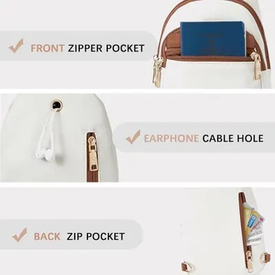 This image breaks down the bag's key functional components—front pocket, cable management, and back pocket—to help shoppers understand the product's organizational features and practical design.
