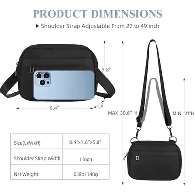 Provides detailed physical measurements of the bag including dimensions, adjustable strap range, and weight to help shoppers understand the exact size and fit of the product.
