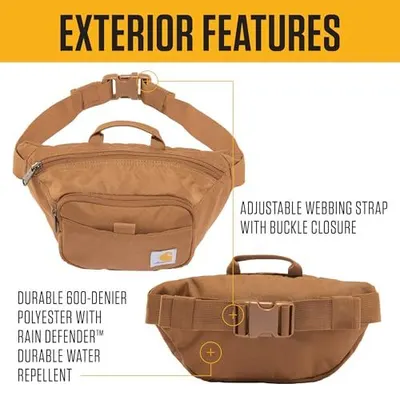 This image breaks down the physical components and material features of the fanny pack to help shoppers understand its construction quality and functional design elements.