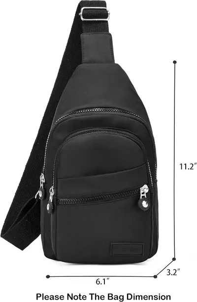 Communicates the exact physical size of the sling bag (11.2" x 6.1" x 3.2") with dimension arrows to help shoppers understand if it will fit their needs.