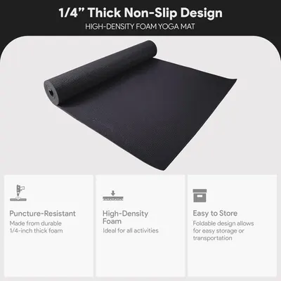 Communicates three distinct product benefits in a segmented layout: durability (puncture-resistant), material quality (high-density foam), and convenience (foldable storage).