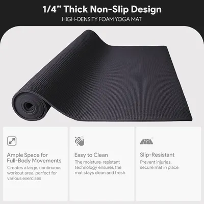 Communicates multiple key benefits of the yoga mat including its thickness, non-slip design, spaciousness, easy cleaning, and slip-resistant properties to reassure shoppers of its quality and…