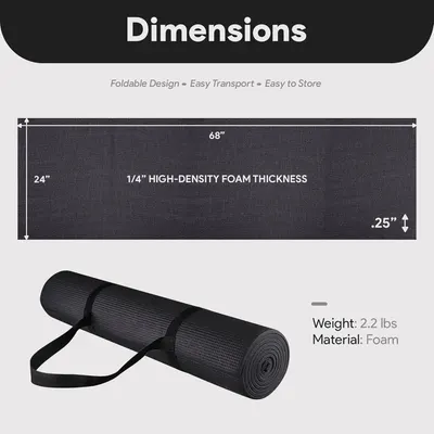 Communicates the exact physical measurements (68" x 24" x 0.25"), weight (2.2 lbs), and material (foam) of the yoga mat to help shoppers understand its size and portability, while also highlighting…