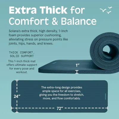 Communicates the exact physical dimensions of the yoga mat (1-inch thick, 24-inch wide, 72-inch long) to help shoppers understand the size and space it provides. Highlights the mat's extra-thick,…