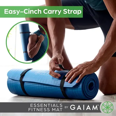 Demonstrates how to use the easy-cinch carry strap to secure and transport the yoga mat, showing the simple one-step process for rolling and carrying. Highlights the convenience of the carry strap…