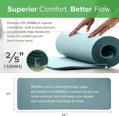 Communicates the exact physical dimensions and thickness of the yoga mat to help shoppers understand the size and cushioning level they will receive. Highlights the mat's superior cushioning feature…