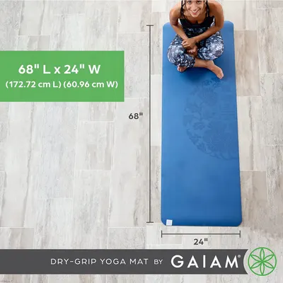 Communicates the exact physical dimensions of the yoga mat (68 inches by 24 inches) with visual measurement overlays and a person for scale, helping shoppers understand if the mat will fit their…
