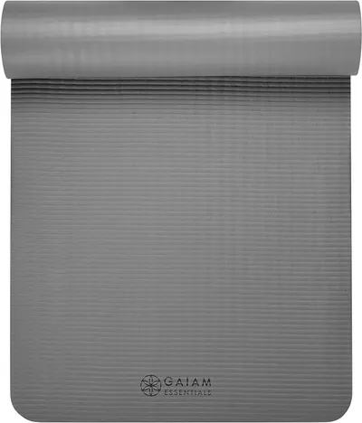 Displays the yoga mat in a clean, catalog-style presentation showing the product's texture, rolled form, and brand logo without distractions.