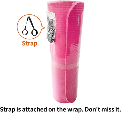 Highlights the built-in carrying strap feature on the yoga mat wrap to reassure shoppers of convenient portability and that this useful component is included. Communicates the convenience benefit of…