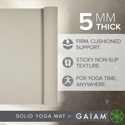 Communicates multiple key benefits of the yoga mat in a visually segmented layout: thickness for comfort, firm support, non-slip safety, and portability for use anywhere.