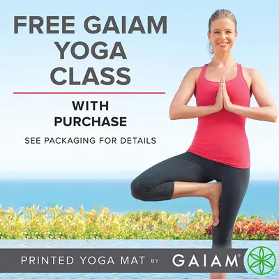 Communicates a promotional offer of a free Gaiam yoga class with purchase to add value and incentivize shoppers to buy the yoga mat.